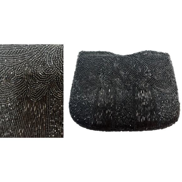 80s does 40s Black Beaded Silk Evening Bag | Small Clutch with Glass Beads - Picture 2 of 11
